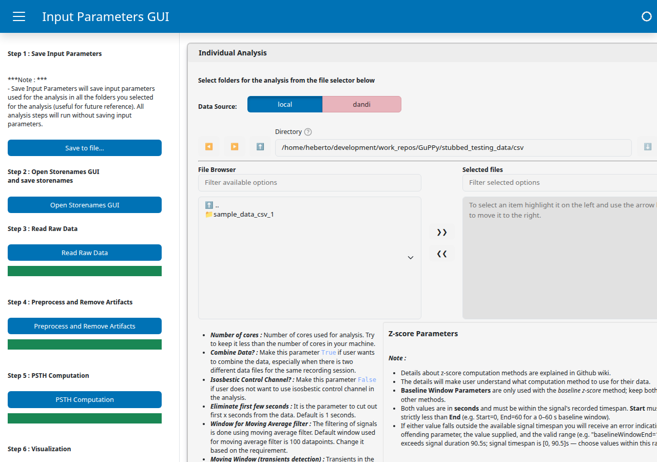 GuPPy Input Parameters GUI homepage