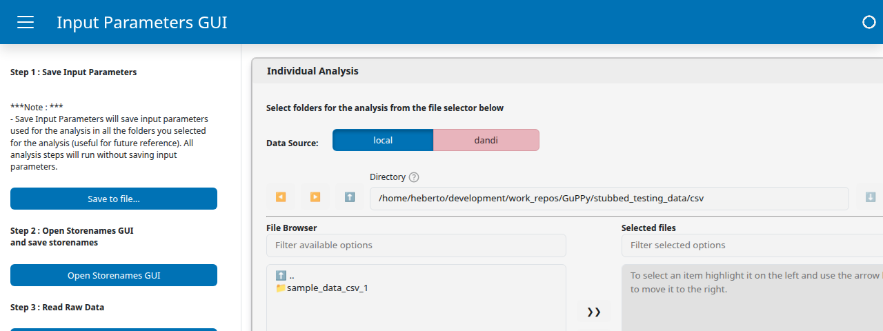 GuPPy homepage Individual Analysis card showing the file browser with the sample_data_csv_1 folder available for selection