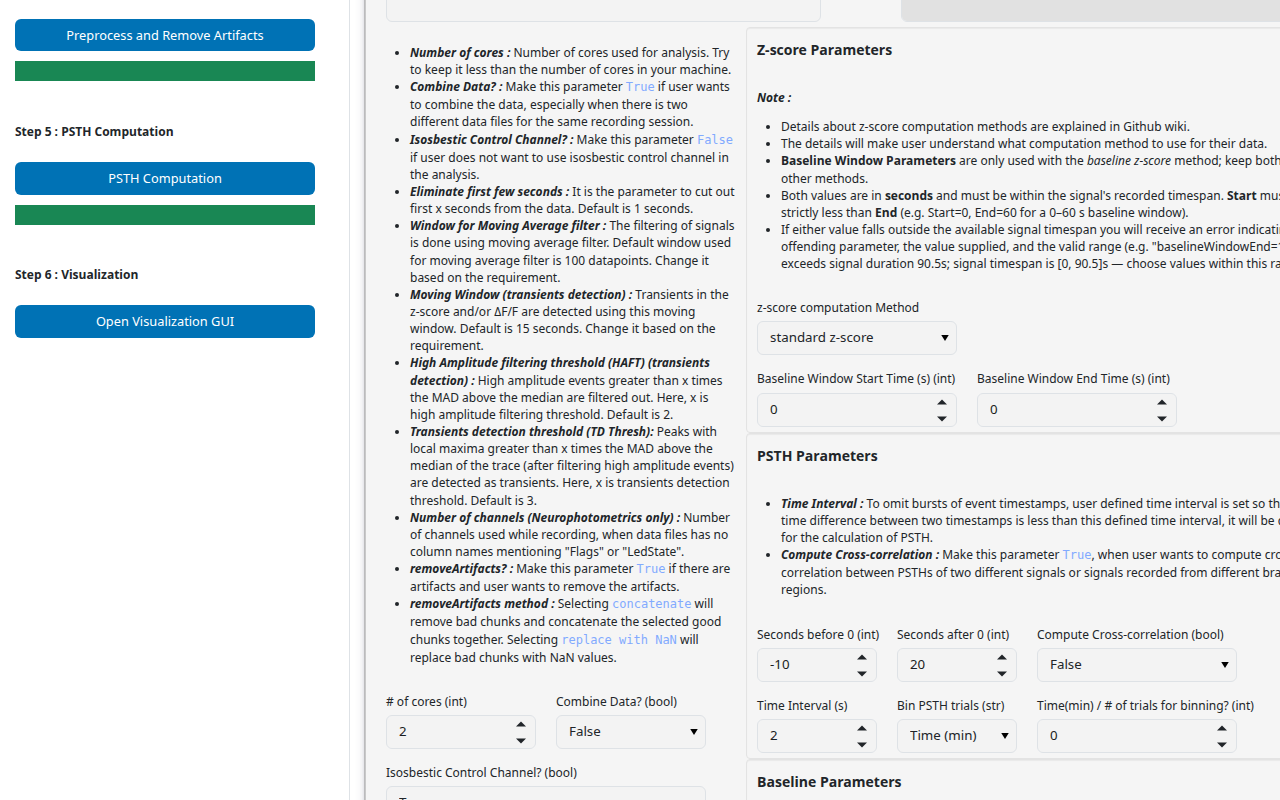 GuPPy Individual Analysis card showing the parameter widgets: number of cores, combine data, isosbestic control, z-score method, baseline window, and PSTH window