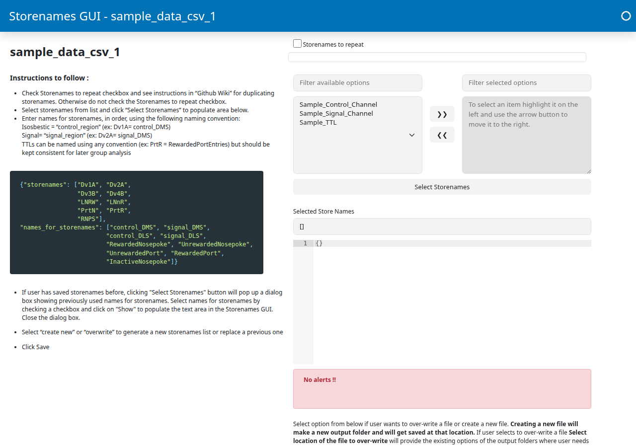 Storenames GUI with the three sample CSV channels listed as available options