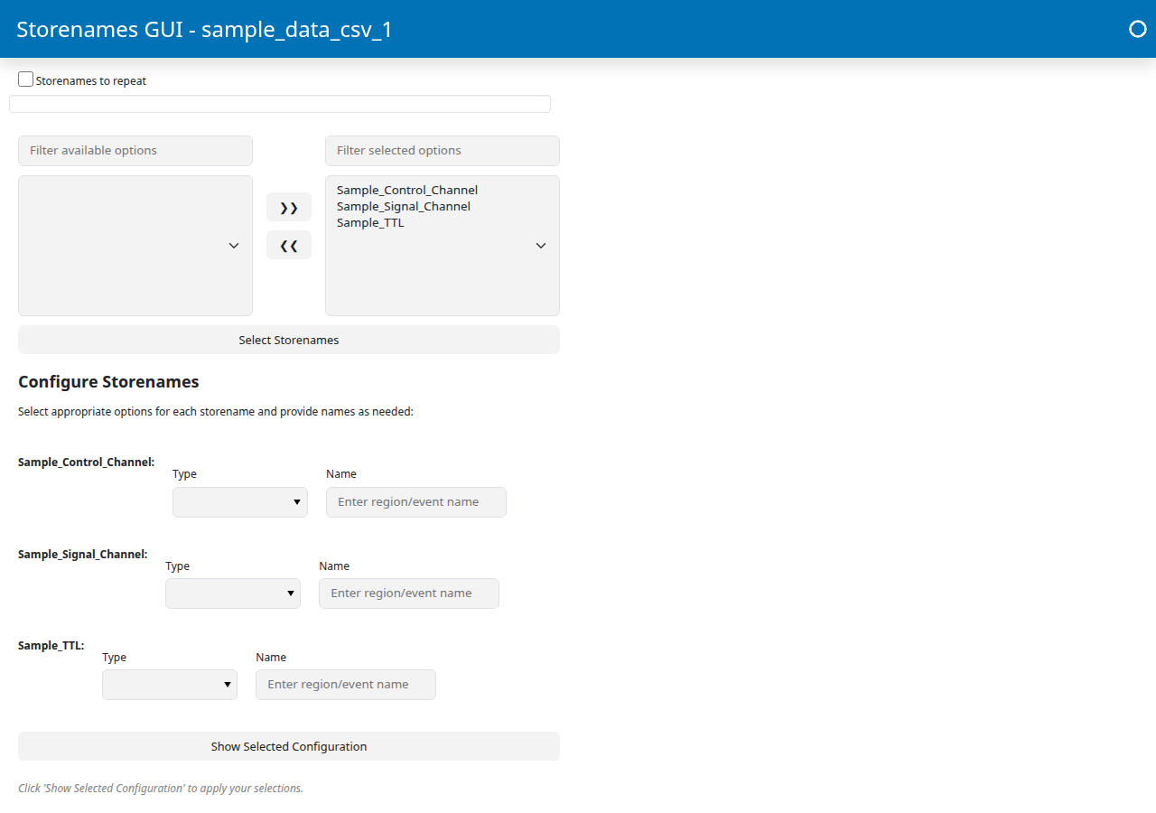 Storenames GUI after clicking Select Storenames, showing the Configure Storenames section with a Type dropdown and Name field for each of the three channels